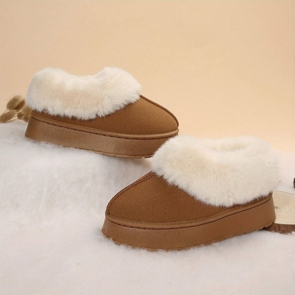 Dark Brown Casual Women's Thick Flat Suede Shearling Slippers - Picture 4 of 5